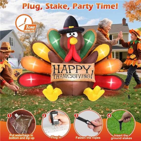 6FT Thanksgiving Inflatables Turkey Decor with Pilgrim Hat & Colorful - Picture 5 of 7